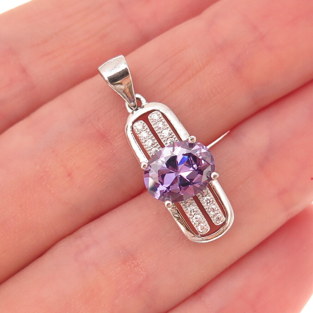 925 Sterling Silver Oval-Cut Purple & Round-Cut White C Z Charm Pendant